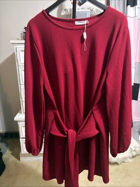 Women’s Tie-Front Long Sleeve Dress in Deep maroon